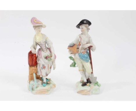 Pair of Derby figures of gardeners, c.1800, emblematic of water and earth, the man holding a spade and potted plant, the woma
