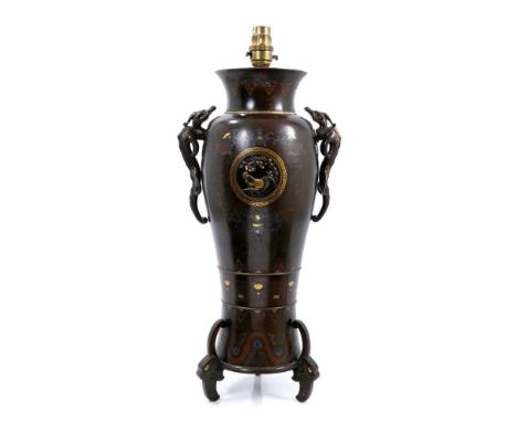 Fine quality late 19th / early 20th Japanese bronze and metal inlaid vase, of slender baluster form, with flanking removable 