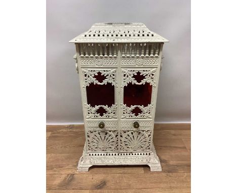 Victorian white painted cast iron conservatory heater, titled Veritas Stove, in the aesthetic taste, of square pillar form wi