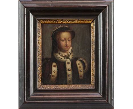 English School, 18th century, oil on panel - portrait of Mary, Queen of Scots, bust length in fur trimmed gown, inscribed ver