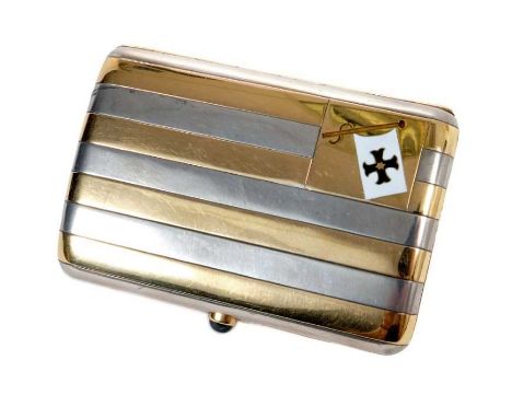 Good quality Edwardian silver and yellow metal striped cigarette case with enamelled yacht pennant to corner and cabochon blu