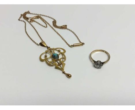 Edwardian Art Nouveau 9ct gold and turquoise pendant on chain, together with a 9ct gold single stone ring