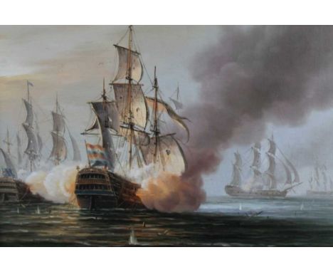 James Hardy, 20th century, oil on canvas laid on panel - A Sea Battle, signed, 49cm x 64cm, in gilt frame