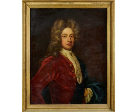 Manner of Michael Dahl (1659-1743), oil on canvas - portrait of a bewigged nobleman in red coat, 87cm x 69cm, in gilt frame C