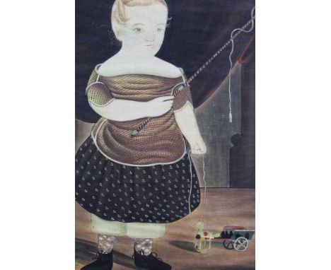 American School Naive mixed media on textile panel - a child with toy horse, 75cm x 50cm, in carved wooden frame