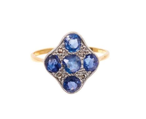 Art Deco sapphire and diamond ring, the lozenge shape cluster with five mixed cut blue sapphires interspaced by four rose cut