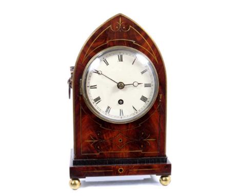 Regency bracket clock with single fusee movement, white painted dial in brass inlaid mahogany lancet-shaped case with pierced