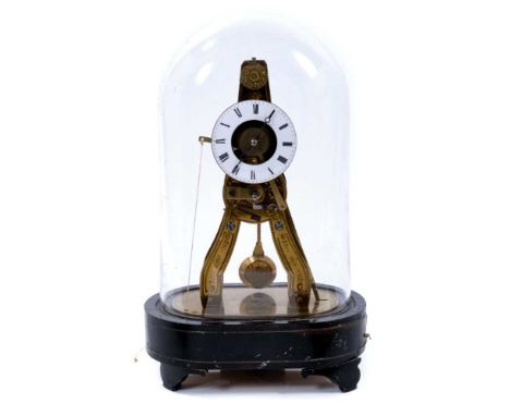 19thcentury French brass Skeleton-type alarm clock, striking on bell in the base, under glass dome, 26 cm high