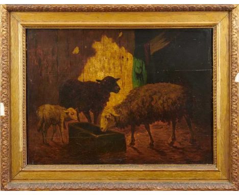 Louis Marie Dominique Robbe (1806-1887) oil on panel - sheep in a barn, signed, 41cm x 56cm, in gilt frame