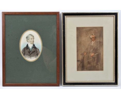 Two 19th century miniature watercolour portraits on paper of Cheseldon Henson (1784-1861), the first oval, 18 x 9cm, the seco