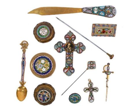 Collection of late 19th / 20th century Italian micro mosaic items, including a paper knife, 20cm long, cross with glazed rese
