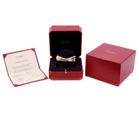 Cartier Trinity three colour 18ct gold bangle, the polished connecting bangles in rose, yellow and white gold, signed and num