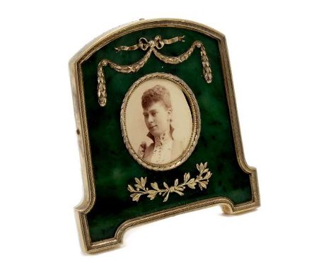 Fabergé-style silver gilt and green nephrite photograph frame containing an Edwardian portrait photograph of H.R.H. Princess 