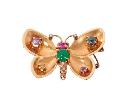 Gold and gem-set butterfly brooch with cabochon emerald and ruby and mixed cut multi-gems, all in 14k gold setting, 33mm.Cond