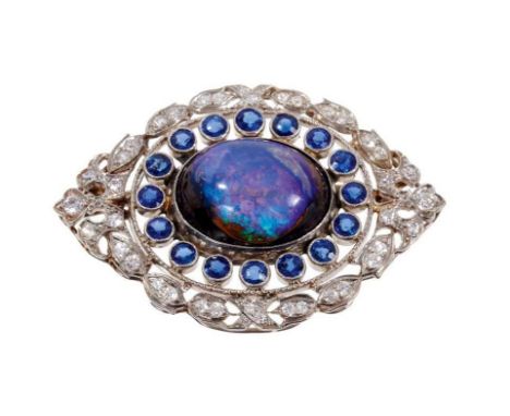 Fine Edwardian black opal sapphire and diamond oval plaque brooch, the central black opal cabochon measuring approximately 16