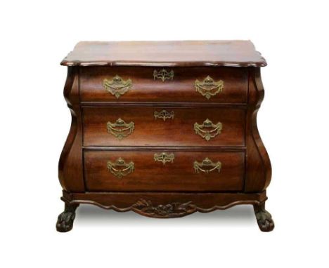 19th century Dutch mahogany bombe commode chest, the shaped top above three long graduated drawers with brass handles and esc