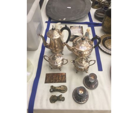 A box of odds to inc coins, EPNS, a Royal Worcester figure 'Tea Time' etc