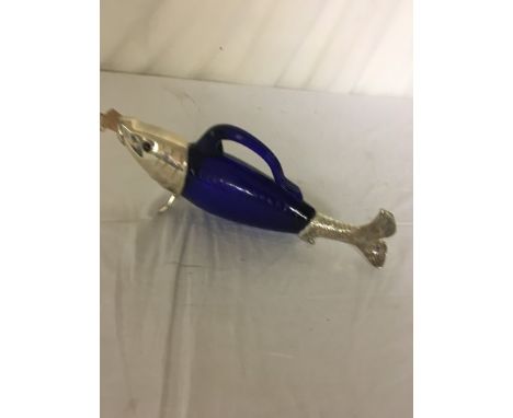 An EPNS and blue glass decanter in the form of a fish