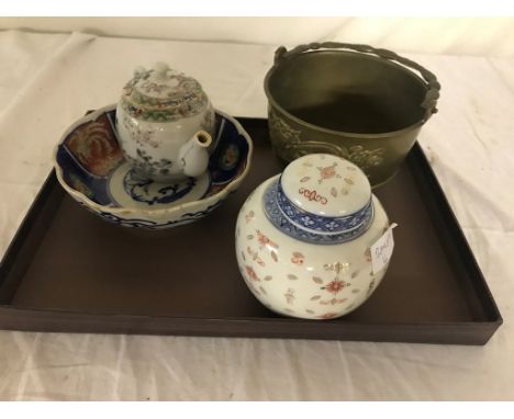A 19th/20h century Chinese teapot, ginger jar, bowl and brass bucket