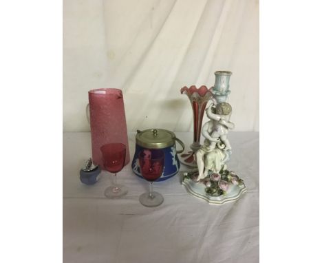 19th century glass, candelabra, ruby glass and Wedgwood