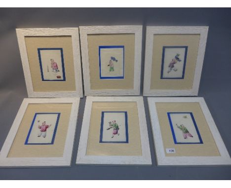 A set of six 19th century Chinese rice paper paintings of children playing, within hand finished frames, 16 x 12cm
