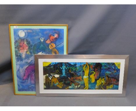 A Chagall print of a boy playing a violin together with a Gauguin print of a woman and children picking fruit. 31cm x 85cm (2
