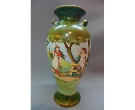 A late 19th / early 20th Century hand painted ceramic vase stampers 'T.F. & S LTD', engraved (a/f), H:33cm