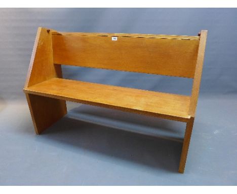 A 20th century light oak church pew, H. 80cm W. 114cm D. 44cm