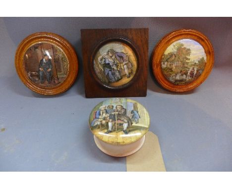 A Prattware pot and lid, depicting Dr Johnson, together with three framed Pratware lids, including 'O Guard' and 'Uncle Toby'