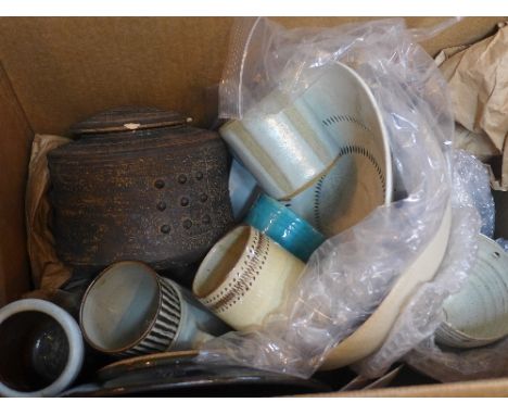 A collection of studio pottery, ceramic bowls, mugs, plates and dishes (qty). 