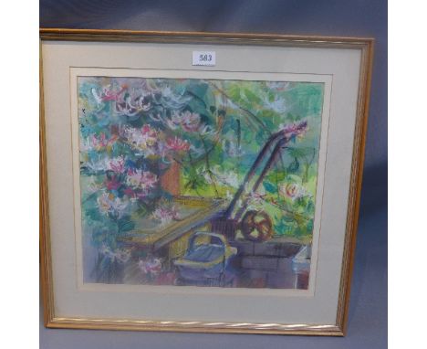 A framed and glazed chalk on paper depicting flora and gardening tools in a green house.
