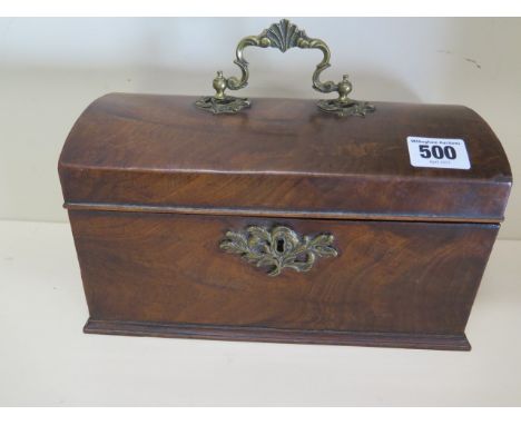 A 19th century mahogany tea caddy with a dome top and brass handle - Width 24cm 