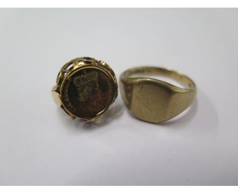 A 14ct gold ring size I - approx. weight 2.8 grams and a 9ct signet ring size U - approx. weight 5 grams 