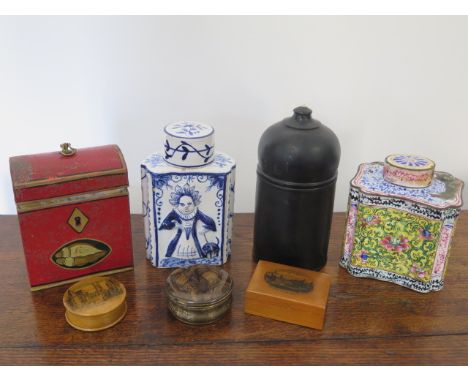 An enamel tea caddy - Height 10cm - two other caddies, an ebonised lidded pot and three small boxes, top to one box broken, e