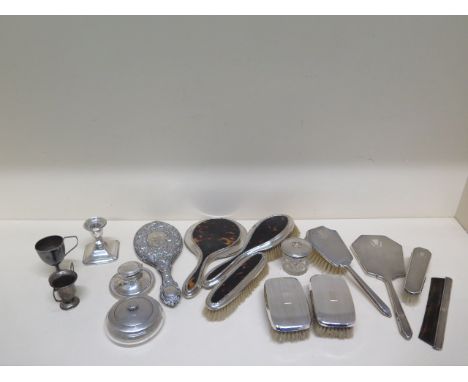 A collection of silver backed brushes, mirrors, pots, candlestick etc - 16 pieces - general wear, inkstand top loose, one han