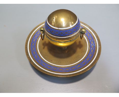 A brass and enamel desk stand of globe form - Width 16cm - some wear but generally good 