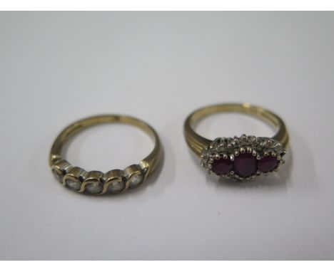 Two 9ct yellow gold rings, one missing a small stone - ring sizes O and P - total weight approx 5.4 grams 