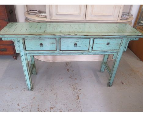 A modern Oriental style hall table with three drawers - Width 163cm x Depth 40cm x Height 86cm 
