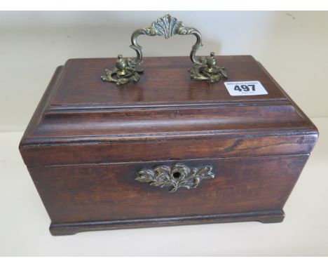 A mahogany tea caddy with a brass handle and three tin tea - Width 23cm