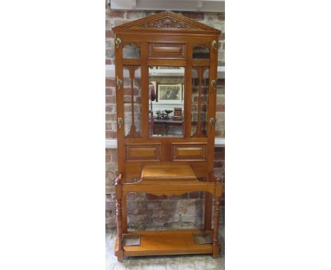 A Victorian light oak mirror back hall stand with a glove compartment - Height 208cm x 90cm x 34cm 