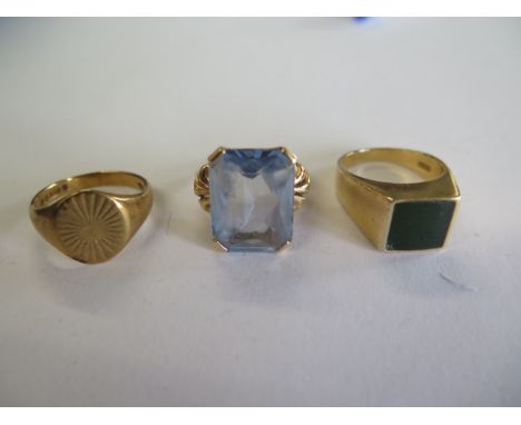 A 14ct yellow gold signet ring marked 585 - ring size L - a yellow gold dress ring tests to approx 14ct ring size I, total ap