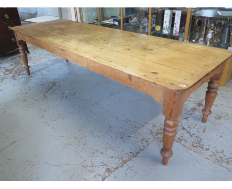 A good 19th century pine table with a three plank top on turned legs - Width 90cm x Height 75cm x Length 274cm - in sound con