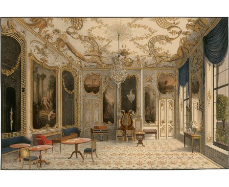 Hintze, Johann Heinrich -- Das Konzertzimmer Friedrichs II. in Schloss Sanssoucis. Kreidelithographie auf Velin, von Hintze o