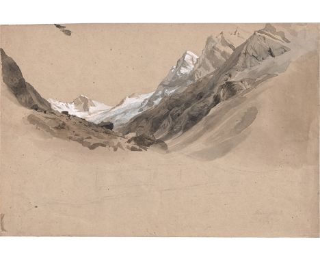 Hummel, Carl Maria Nikolaus -- Alpine Hochgebirgslandschaft.Bleistift mit Pinsel in Braun und Hellblau, weiß gehöht. 29,8 x 4