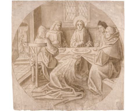 Deutsch oder Niederländisch -- um 1500. Die hl. Maria Magdalena salbt Jesus die Füße.Feder in Braun, braun laviert. 21,5 x 21