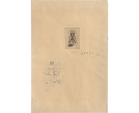 Rops, Félicien -- "Naiveté &amp; Hermaphrodisme!".Feder in Schwarzgrau auf einem Bogen Similijapan zusammen mit der Radierung