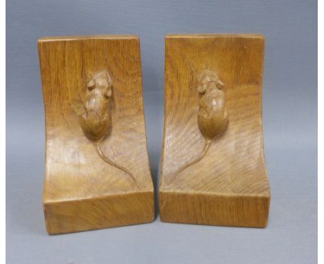 A pair of Robert Mouseman Thompson carved light oak bookends, each carved mouse trademark, 16cm,  (2) 