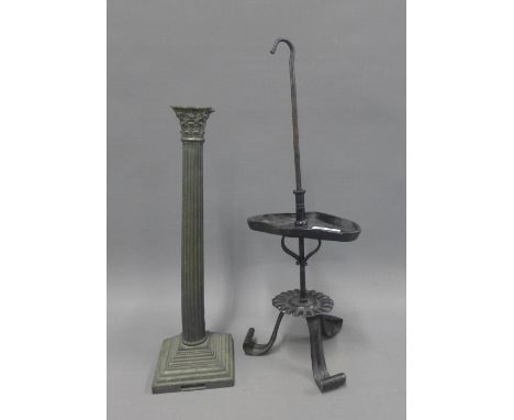 A bronze corinthian column table lamp base and an iron tripod stand with hook, tallest 43cm (2)