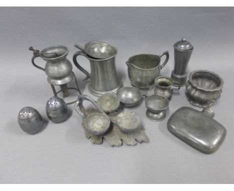 Collection 19th century and later pewter items to include a hip flask, tankard, etc (a lot) 