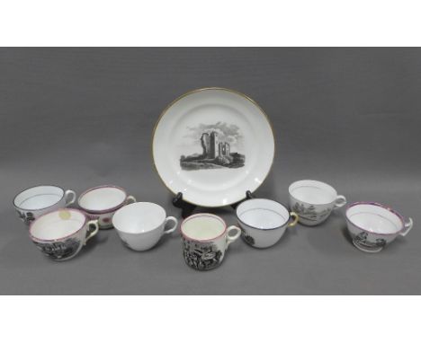 Quantity of English porcelain bat printed table wares to include cups - one with Lady Godiva pattern, a plate, etc (9) 